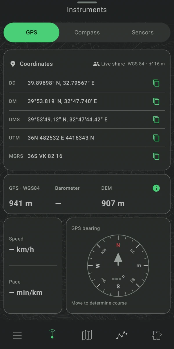 Compact GPS instruments showing five coordinate formats, altitude sources and GPS course