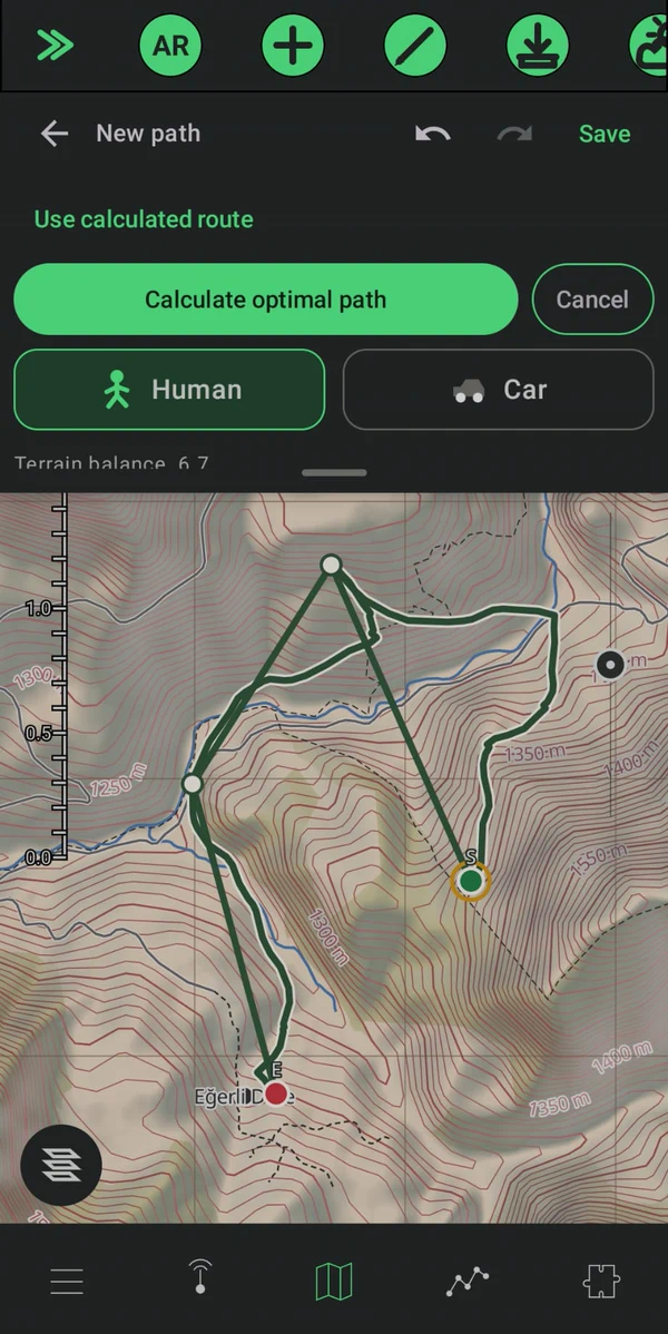 Terrain-aware route planning above a topographic map